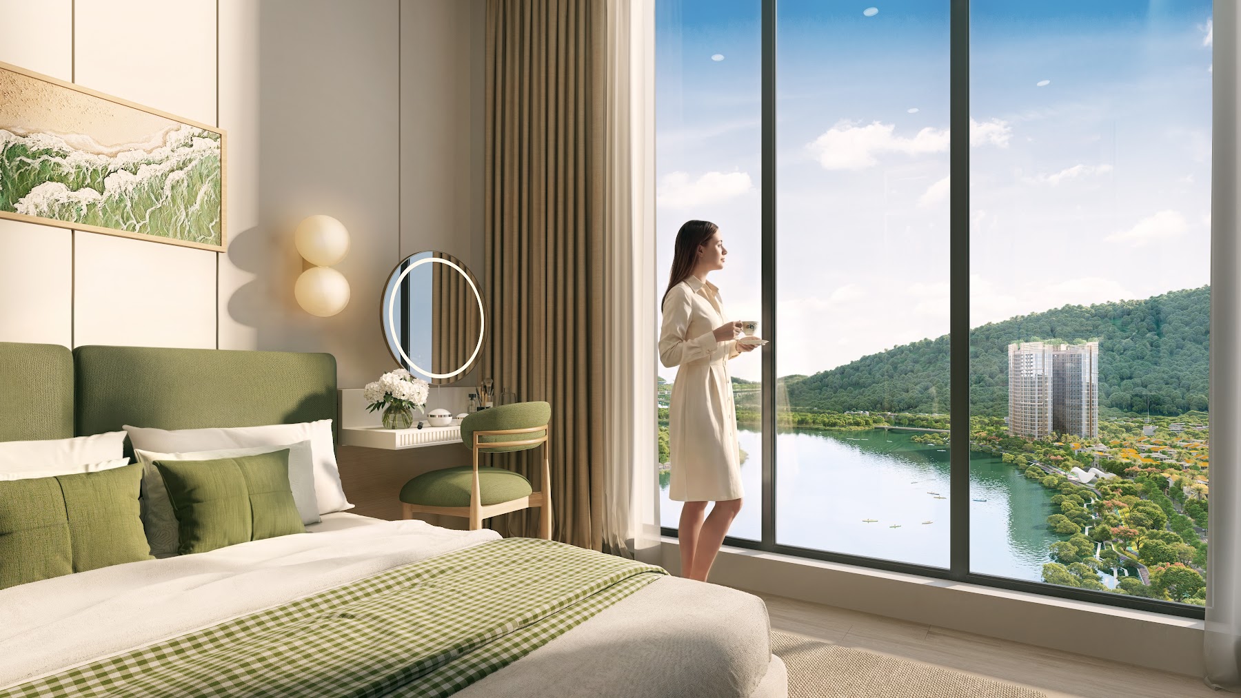 Phòng ngủ căn hộ The Onsen nhìn ra sông